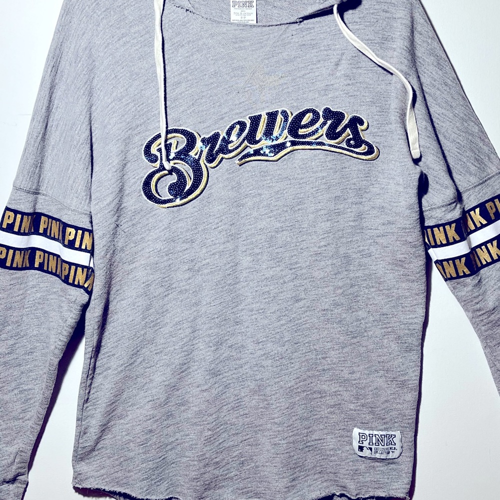Pink Brand Hoodie gray with Brewers sequined embellished logo